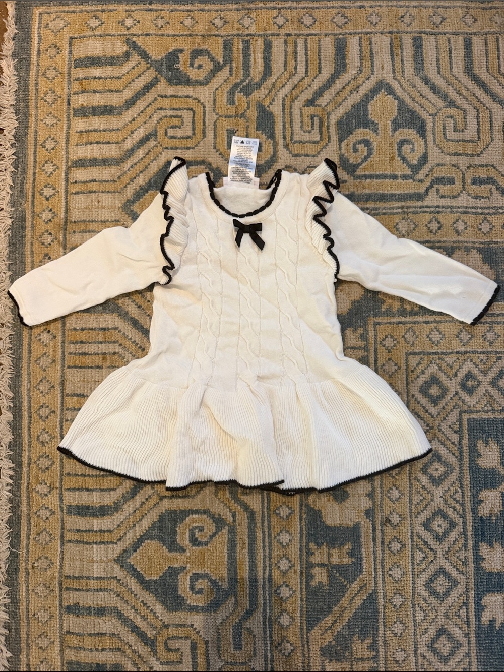 Bonnie Jean Cream Knit Ruffle Dress with Black Trim